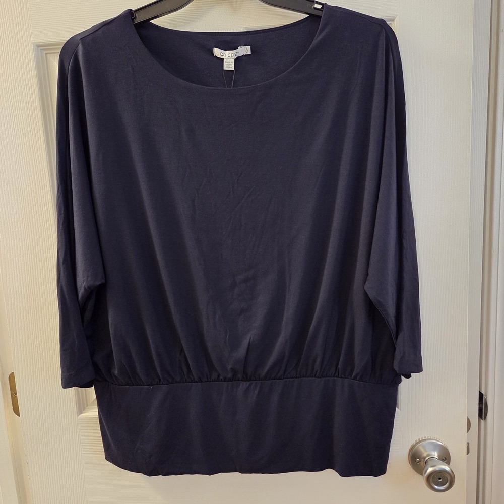 Chico's sz 3 banded bottom top NWT touch of cool navy 3/4 slvs XL casual basic